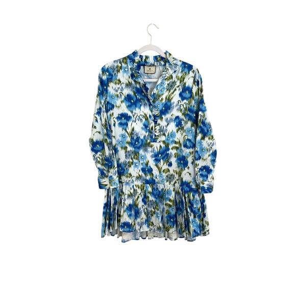 TUCKERNUCK Tate Ikat Blue Green Mini Ruffle Pleated Cotton Poplin Shirt Dress S - Picture 6 of 13